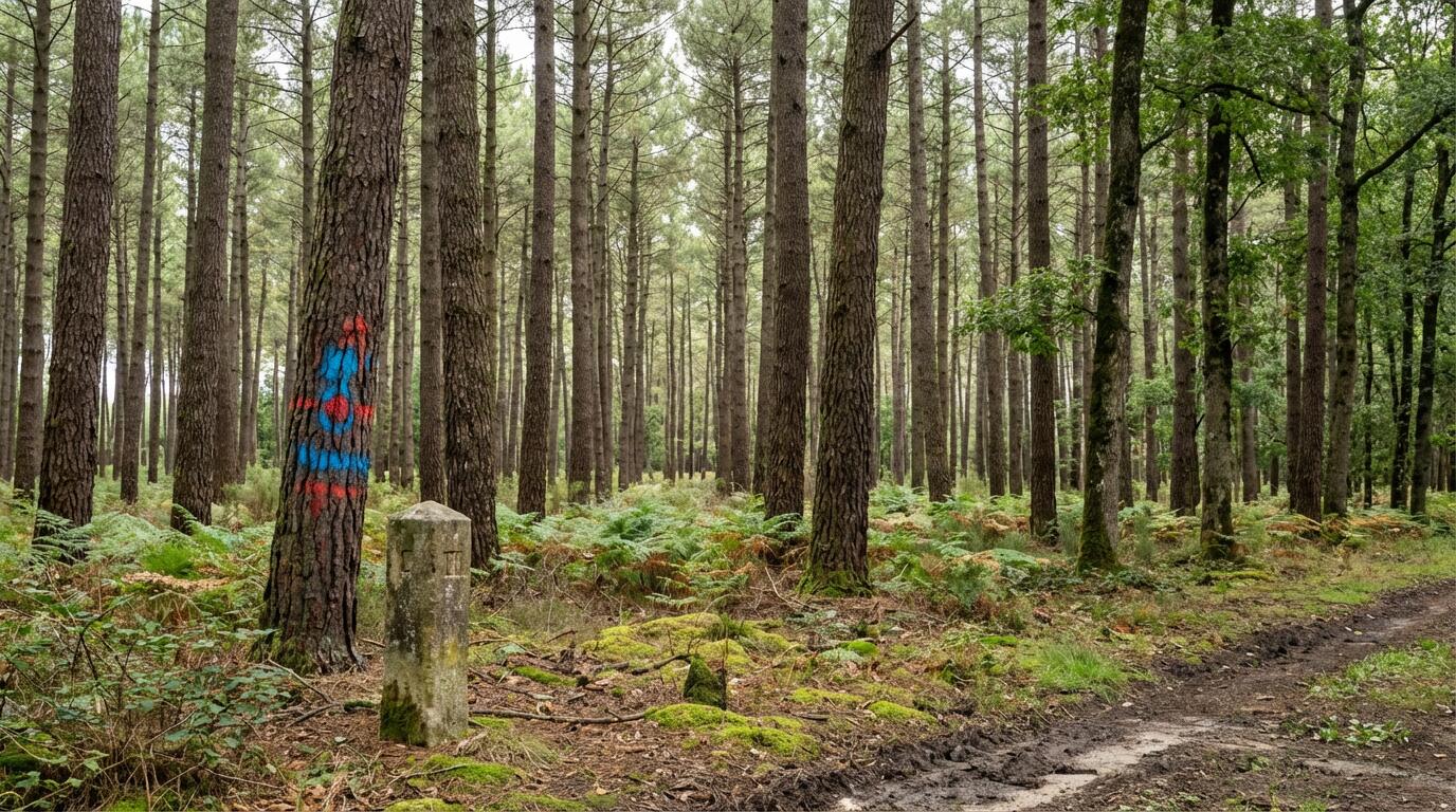 Vue panoramique d'une parcelle forestière avec borne de géomètre visible au premier plan