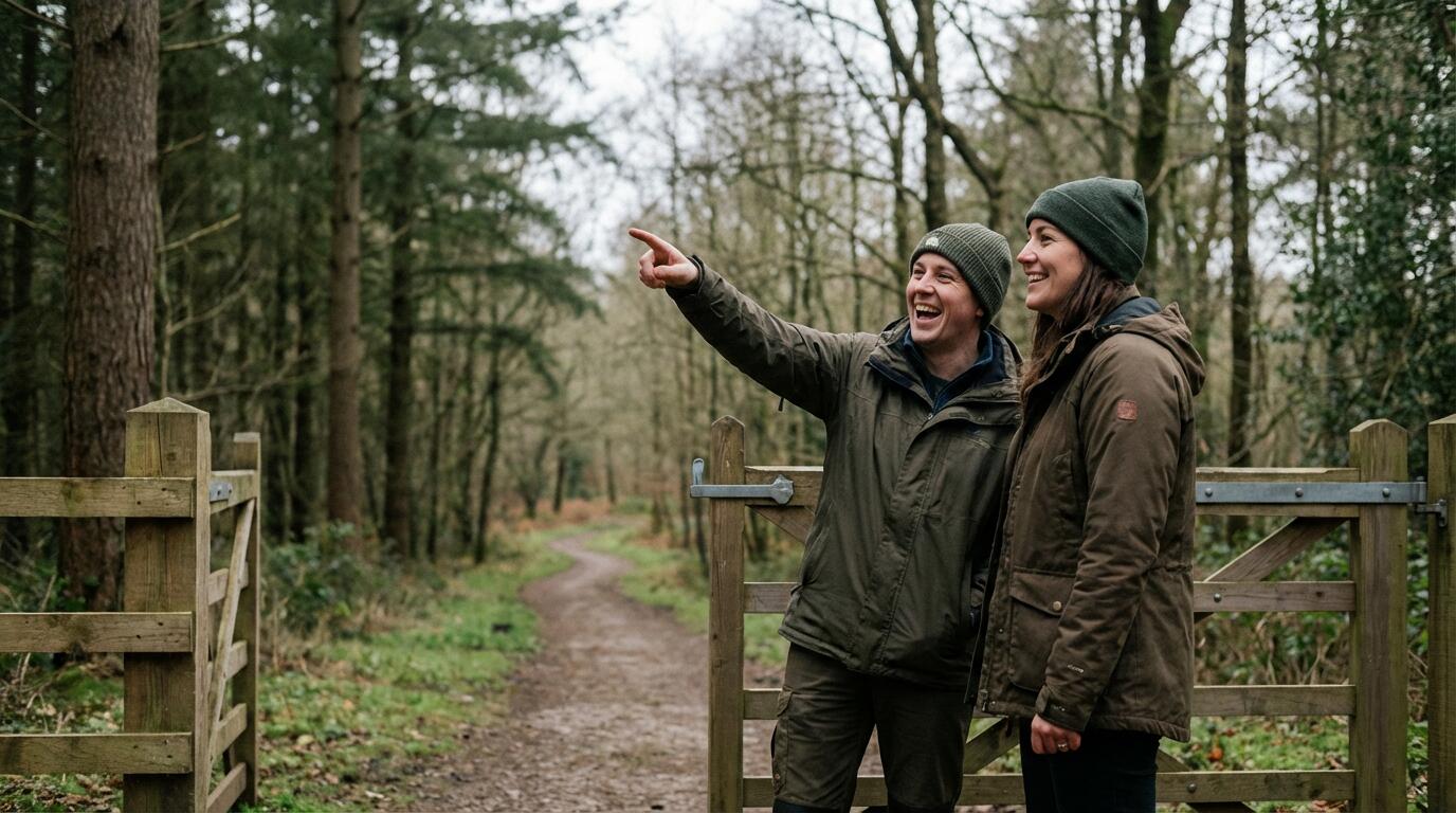 Deux personnes en discussion devant l'entrée d'un domaine forestier lors d'une visite d'acquisition