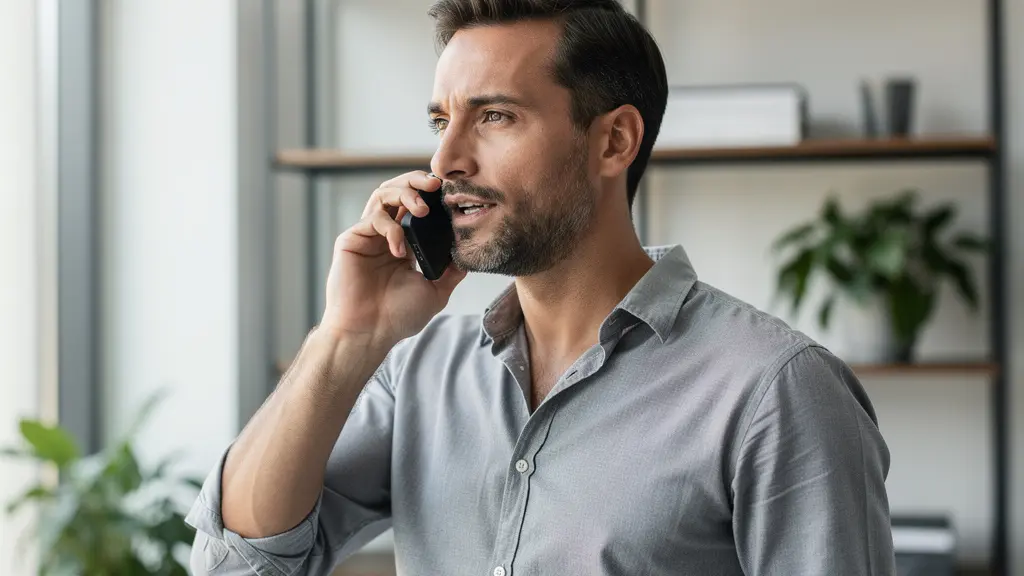 Conseiller en courtage immobilier en conversation téléphonique dans un bureau lumineux