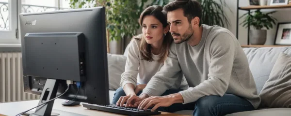 Couple consultant un comparatif de courtiers immobiliers sur ordinateur dans leur salon