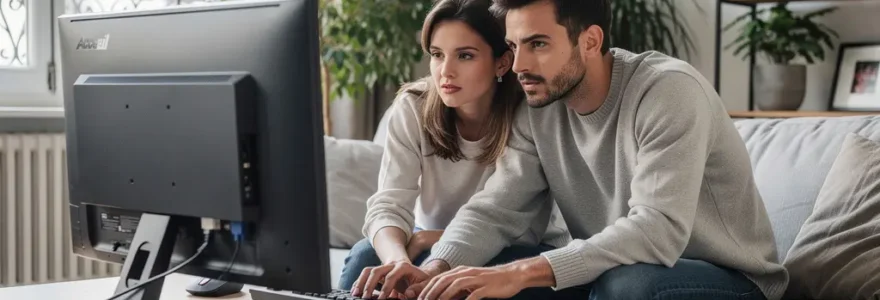 Couple consultant un comparatif de courtiers immobiliers sur ordinateur dans leur salon