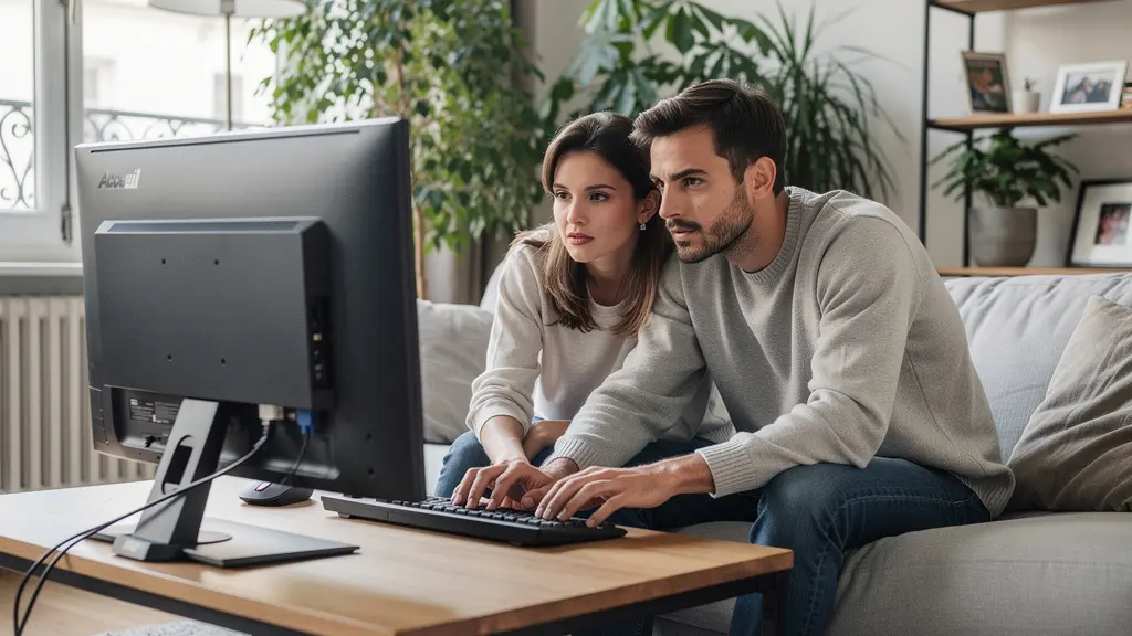 Couple consultant un comparatif de courtiers immobiliers sur ordinateur dans leur salon