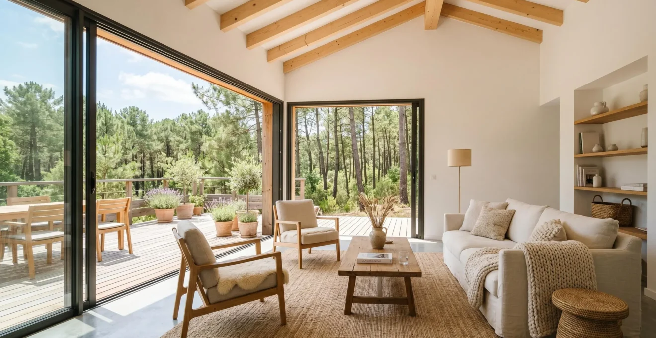 Salon lumineux d'une villa à Hossegor avec grandes baies vitrées ouvertes sur terrasse
