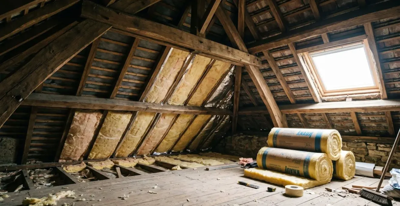 Vue intérieure d'un chantier d'isolation de combles dans une maison de style landais