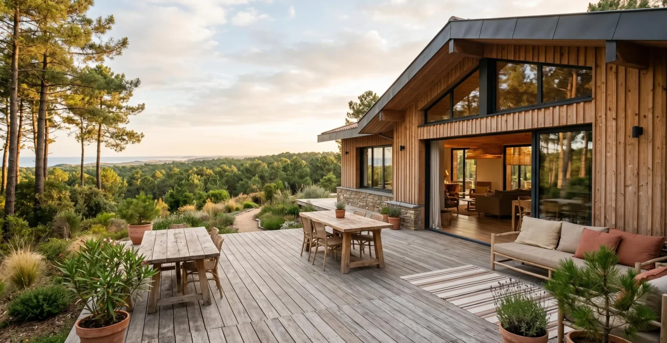 Terrasse en bois d'une villa à Hossegor face au lac marin entourée de pins