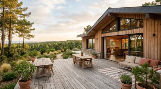 Terrasse en bois d'une villa à Hossegor face au lac marin entourée de pins