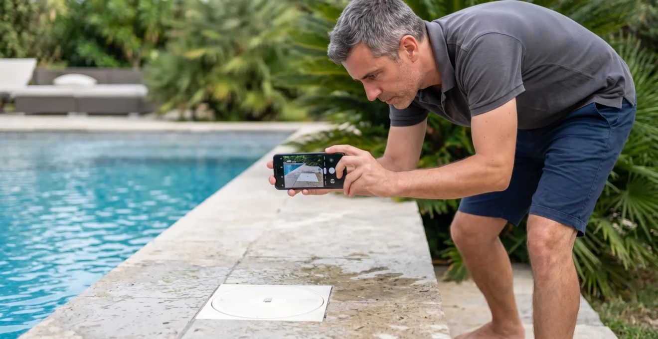 Homme photographiant avec son smartphone un détail technique au bord d'une piscine lors de la documentation de l'état des lieux d'arrivée