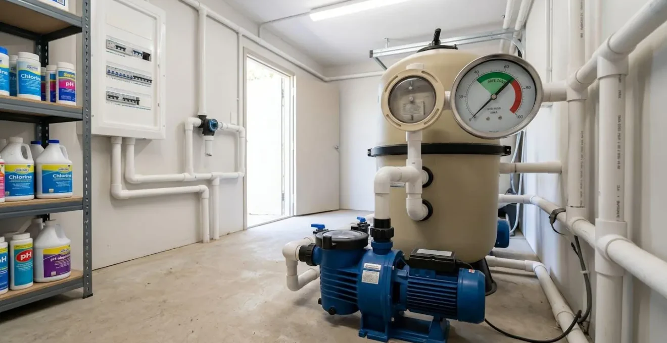 Local technique de piscine organisé avec pompe de filtration, filtre à sable équipé d'un manomètre dans la zone verte, tuyauterie raccordée et coffret électrique mural