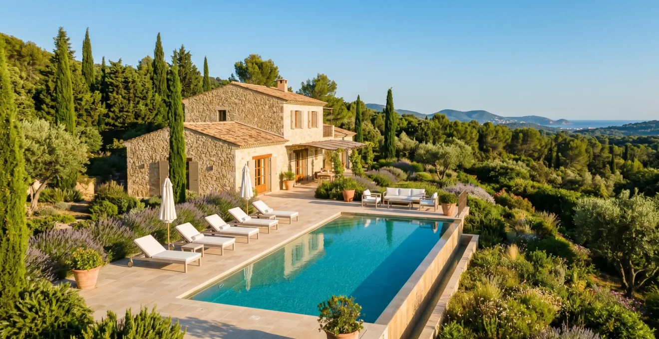Villa provençale en pierre avec piscine privée à débordement, terrasse équipée de transats blancs et végétation méditerranéenne luxuriante, sous lumière dorée de fin d'après-midi en Provence
