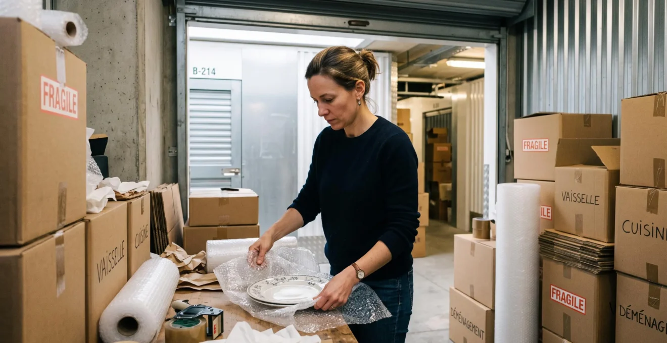 Personne emballant soigneusement de la vaisselle avec du papier bulle dans un box de stockage
