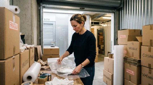 Personne emballant soigneusement de la vaisselle avec du papier bulle dans un box de stockage