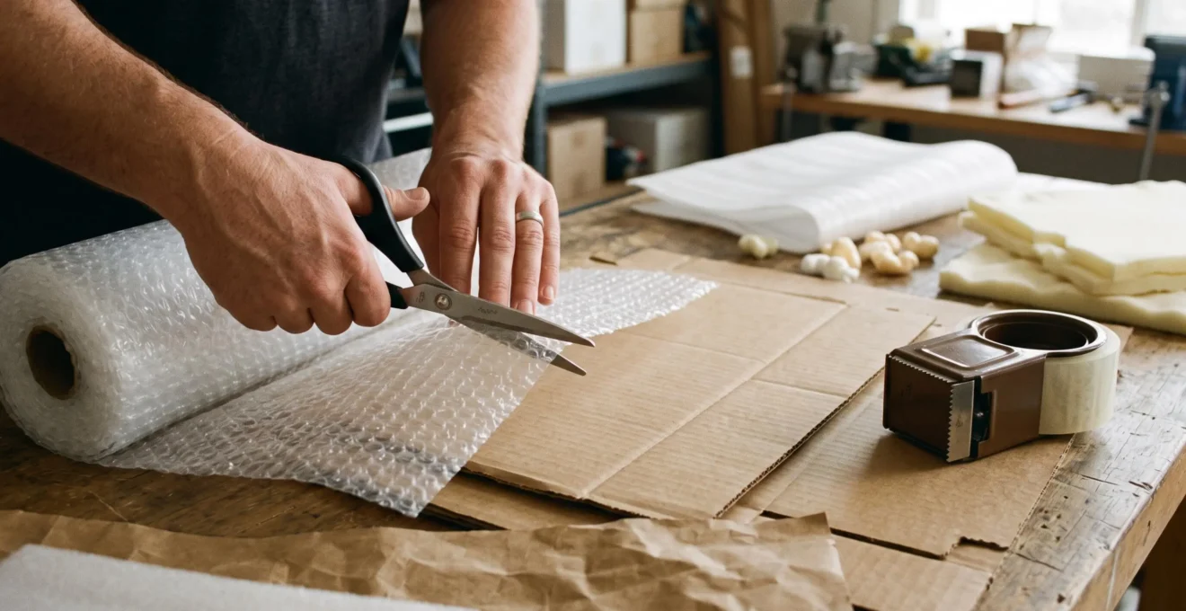 Gros plan sur des mains préparant différents matériaux d'emballage pour protéger des objets fragiles