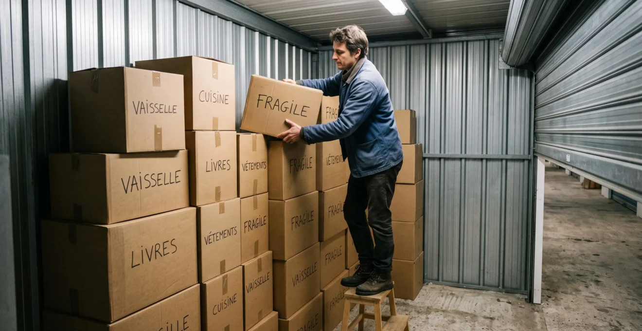 Personne organisant des cartons étiquetés dont un marqué 'FRAGILE' dans un box de stockage