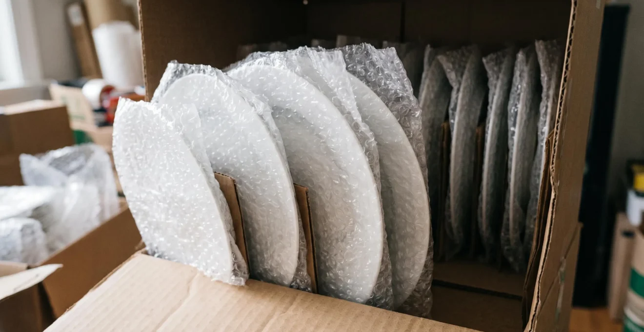 Assiettes emballées positionnées verticalement sur leur tranche dans un carton de déménagement
