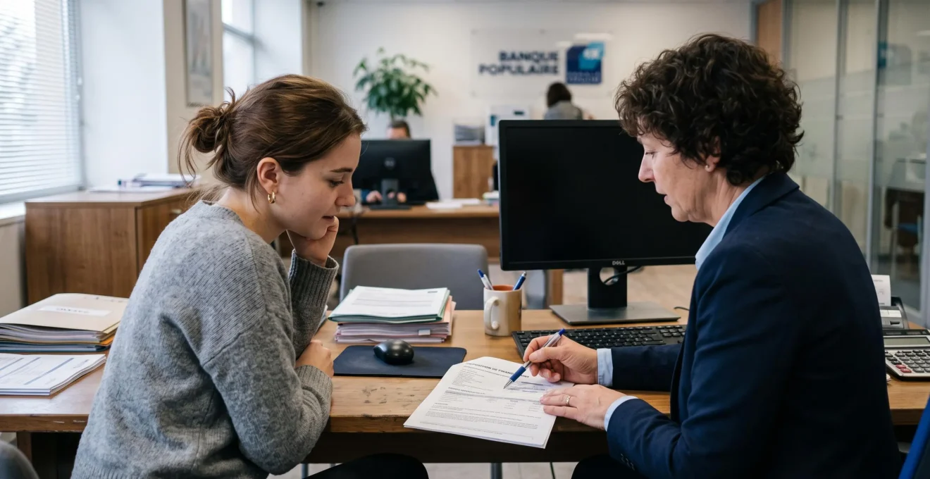 Un conseiller bancaire explique un dossier de financement à un client assis en face de lui.