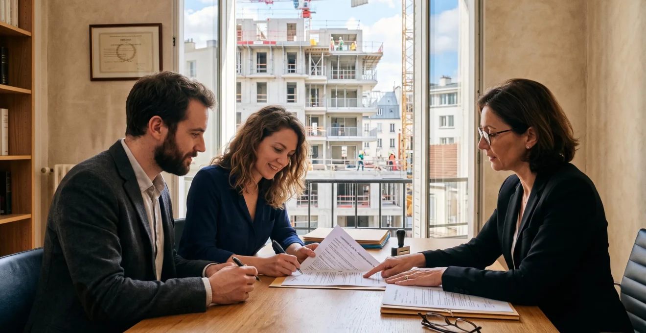 Un couple signe un compromis de vente chez le notaire avec un chantier visible derrière la fenêtre.