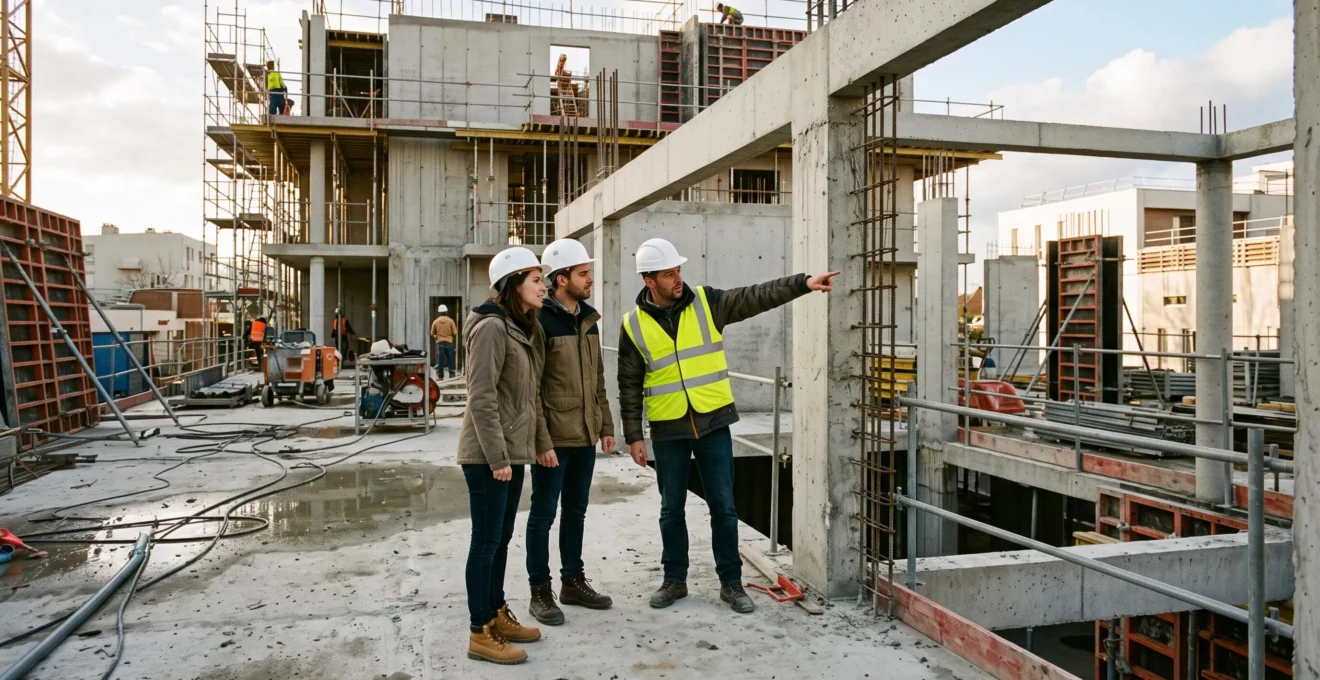 Un couple et un professionnel visitent le chantier d'un immeuble en construction en France.