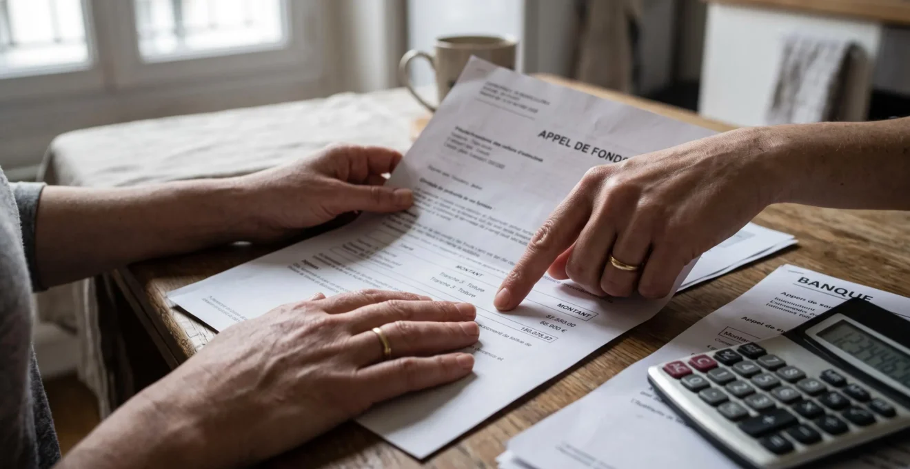 Une main pointe une ligne d'un appel de fonds posé sur une table de cuisine.